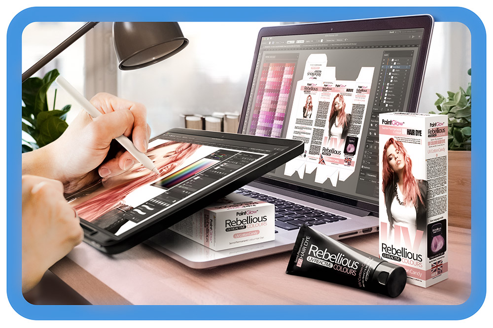 Image of graphic designer creating packaging designs for hair products